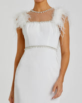 White Feather Cap Sleeve Pearl Embellished Tea-length Fit Dress